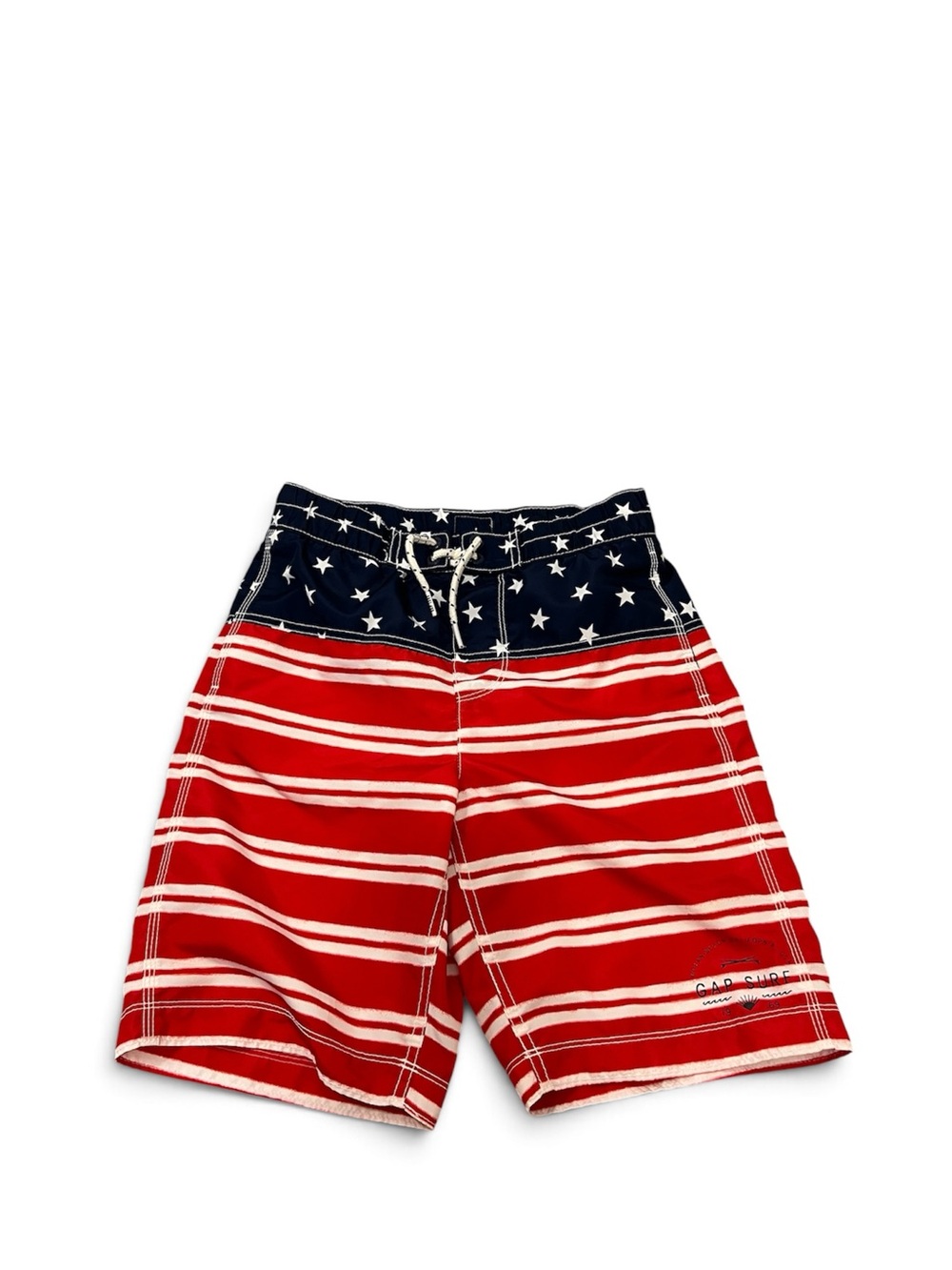 🔴GAP: Boy size L, USA patriotic theme swim trunks w/ties, preowned🔴